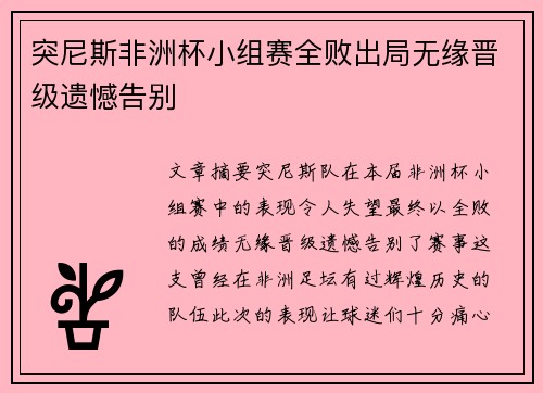 突尼斯非洲杯小组赛全败出局无缘晋级遗憾告别